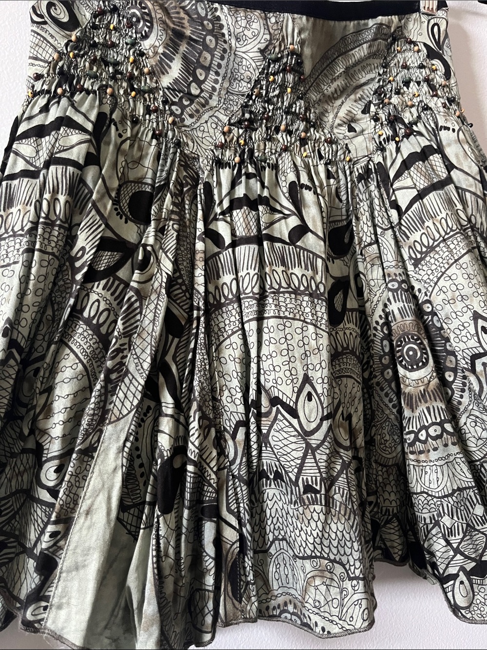Free people vintage beaded boho printed mini skirt fairy jagged hem green black - Picture 2 of 9